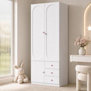Armadio per bambini MODFU, 80x50x200 cm, mobile contenitore con 2 ante e 3 cassetti, mobile alto con ripiani regolabili in altezza, bianco e rosa (set da 1 pezzo)
