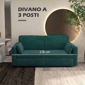 HOMCOM Divano 3 Posti in Velluto con Cuscini e Seduta Imbottita, 178x82x85cm, Verde Scuro
