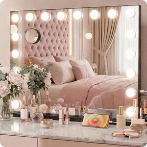 Specchio trucco Hollywood nero 58x48cm da tavolo con 15 luci LED, luce regolabile, altoparlante Bluetooth e ingrandimento 10X