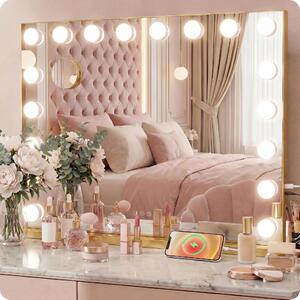 Specchio da trucco Hollywood dorato con 15 LED e 3 temperature di colore, 58x48cm, ingrandimento 10X, Bluetooth, da tavolo