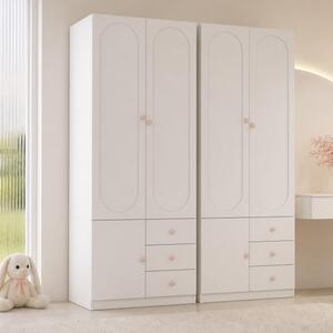 Armadio per bambini MODFU, 80x50x200 cm, mobile contenitore con 2 ante e 3 cassetti, mobile alto con ripiani regolabili in altezza, bianco e rosa (set da 2 pezzi)