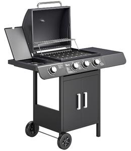 Outsunny Barbecue a Gas con Coperchio, 4 Bruciatori da 11.6kW, Fornello, Mensola e 2 Ruote, 110x50x100cm Nero