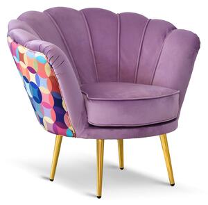 Poltrona Maia in Velluto Lilla, Monocolore o con retro in Microfibra Fantasia Multicolor, Gambe Oro