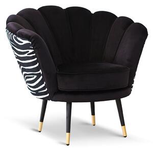 Poltrona Maia in Velluto Nero, Monocolore o con retro in Microfibra Zebrato, Gambe Nere con dettaglio Ottone