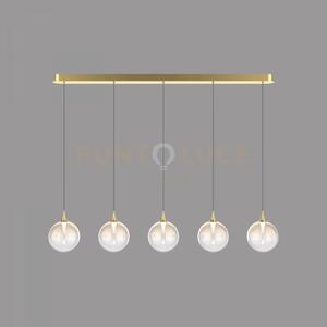 Lampada a sospensione bolla, metallo oro + 5 luci in vetro ambra, l