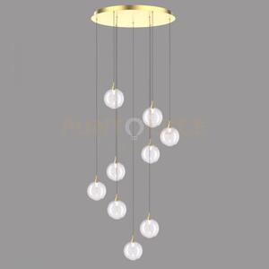 Lampada a sospensione bolla, metallo oro + 9 vetri trasparenti led 
