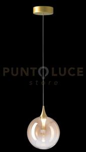 Lampada a sospensione bolla, metallo oro + paralume in vetro ambra