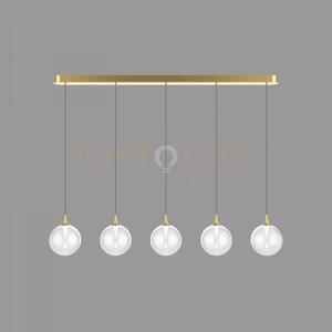 Lampada a sospensione bolla, metallo oro + 5 luci in vetro traspare