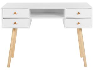 Scrivania per home office bianca 4 cassetti portaoggetti gambe in legno massello chiaro 110 x 55 cm scandinavo Beliani