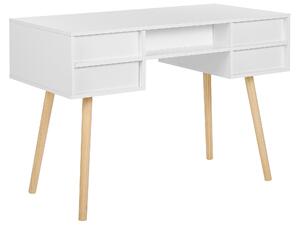 Scrivania per home office bianca 4 cassetti portaoggetti gambe in legno massello chiaro 110 x 55 cm scandinavo Beliani