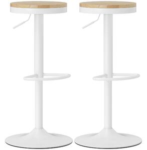 HOMCOM Set 2 sgabelli da bar, regolabili in altezza, girevoli 360°, struttura in acciaio, poggiapiedi, 38,5x38,5x60-80 cm, Legno naturale+Bianco | Aosom Italy