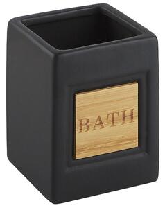 Set di 4 Accessori Bagno in Ceramica nero e legno chiaro dispenser sapone portasapone Bicchiere Portaspazzolino Beliani