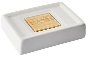 Set di 4 Accessori Bagno in Ceramica beige e legno chiaro dispenser sapone portasapone Bicchiere Portaspazzolino Beliani
