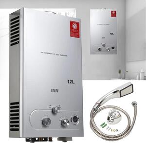 Scaldacqua - Scaldacqua istantaneo a gas - Propano - Capacità 1000 L - Acciaio inossidabile - Per il campeggio - Con set doccia - Grigio chiaro