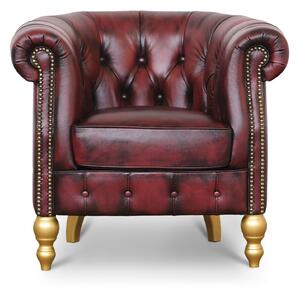 Poltrona Chesterina Pelle Bordeaux stile Old America - Borchie e Gambe Oro Anticato