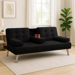 Divano Click-Clack 180x84x77 cm Convertibile in Letto 2in1 con Cuscini e Bracciolo con Portabibite in Tessuto Nero