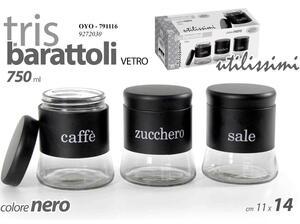 Set 3 Barattoli 11x14 cm Porta Caffe Zucchero Sale 750 ml Design Moderno in Vetro Nero