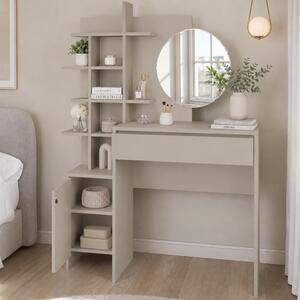 Postazione Make Up 105x35x151 cm Tolette con Mensole e Specchio Rotondo Sabbia