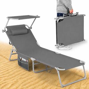 Lettino Pieghevole da Spiaggia Schienale Reclinabile 4 Posizioni con Parasole in Tessuto Oxford Grigio