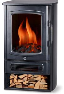 Stufa Elettrica da Pavimento 2000 W con Riscaldamento Effetto Fiamma LED e Termostato in Metallo Nero