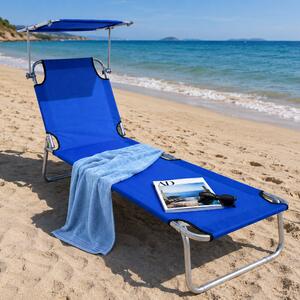 Lettino Mare Pieghevole Leggero con Parasole Regolabile in Tessuto Blu