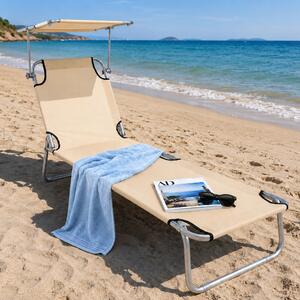 Lettino Mare Pieghevole Leggero con Parasole Regolabile in Tessuto Beige