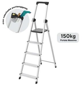 Scala Domestica 5 Gradini Scaletto Antiscivolo con Porta Utensili in Alluminio Argento