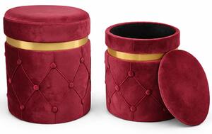 Set 2 Pouf Contenitori 38x44 cm e 31x38 cm con Design Trapuntato in Velluto Bordeaux