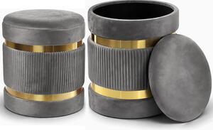 Set 2 Pouf Contenitore Ø 38x44 cm e Ø 31x38 cm con Rivestimento Velluto Grigio