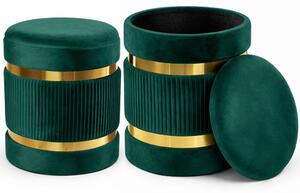 Set 2 Pouf Contenitore Ø 38x44 cm e Ø 31x38 cm con Rivestimento Velluto Verde