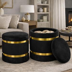 Set 2 Pouf Contenitore Ø 38x44 cm e Ø 31x38 cm con Rivestimento Velluto Nero