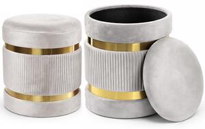 Set 2 Pouf Contenitore Ø 38x44 cm e Ø 31x38 cm con Rivestimento Velluto Avorio