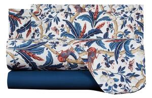Completo Lenzuola In Percalle Paradise's Bird Matrimoniale - 250X290 175X205 + 2 Federe 50X80 Mirabello Moderno Blu Caleffi