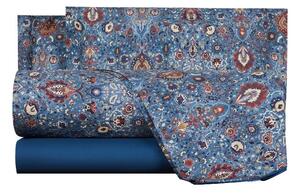 Completo Lenzuola In Percalle Decor Paisley Matrimoniale - 250X290 175X205 + 2 Federe 50X80 Mirabello Winter Cottage Blu Caleffi