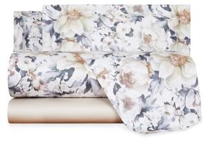 Completo Lenzuola In Raso Di Cotone Le Grand Fleur Matrimoniale - 250X290 175X205 + 2 Federe 50X80 Mirabello Floreale Tortora Caleffi