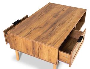 Akela - Tavolino da caffe in legno con inserti in rattan, 2 cassetti e vano a giorno