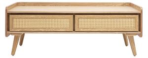 Tavolino da salotto con vani contenitori in legno chiaro frassino e cannage in rattan L120 cm ELSY