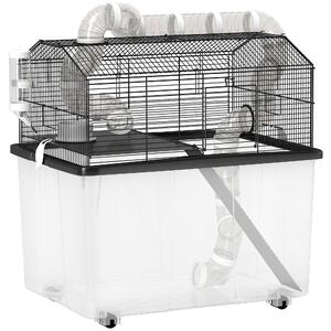 PawHut Gabbia per Criceti a 2 Piani con Ruote, Tubi, Ciotola, Bottiglia e Rampa, 58x43x57 cm, Nero