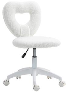 HOMCOM Sedia da Ufficio Imbottita con Schienale a Cuore e Rotelle, in Velluto Teddy e Plastica, 45x56x78-88 cm, Bianco