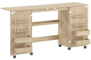 HOMCOM Tavolo Cucito Pieghevole con Ruote, 4 Contenitori, 20 Perni e Ripiano, 160x40x83 cm, Quercia | Aosom Italy