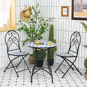 Costway Set di 3 pezzi da esterno con design a mosaico e motivo floreale, Set con tavolo rotondo e 2 sedie pieghevoli Blu