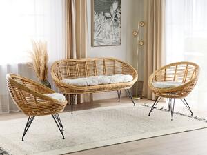 Set di divani a 4 posti in rattan naturale beige chiaro con cuscini in cotone per interni e per esterni in stile bohémien per il giardino e il balcone. Beliani