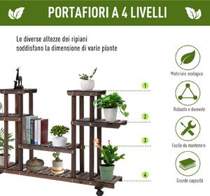Outsunny Scaffale Portafiori in Legno a 4 Livelli, Fioriera da Esterno/Interno con Ruote, 123.5x33x80cm, Pratico e Elegante