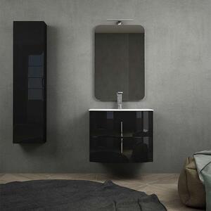 Mobile bagno 70 cm sospeso moderno nero lucido con colonna specchio lampada LED chiusure soft close