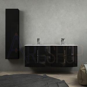 Composizione da bagno sospesa curva nero lucido 140 cm con doppio lavabo, cassettoni soft close e colonna