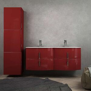 Mobile bagno sospeso rosso lucido 140 cm doppio lavabo con chiusure soft close e colonna 170 cm tre ante