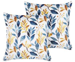 Set di 2 cuscini in velluto giallo blu e bianco 45 x 45 cm motivo foglie stile boho soggiorno camera da letto Beliani