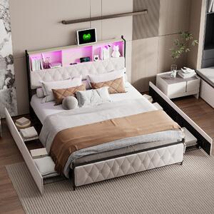 Letto Moonbite con contenitore, dimensioni 140x200 cm, rivestito in velluto beige, con illuminazione LED controllabile tramite app e modalità musicale, dotato di 3 vani nella testiera e porte USB e di tipo C