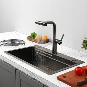 ANW HOME Sky Rain Lavello cucina con cascata 75×46 cm grafite PVD, acciaio inox 304 con display LED, rubinetto miscelatore, lavello da incasso 1 vasca