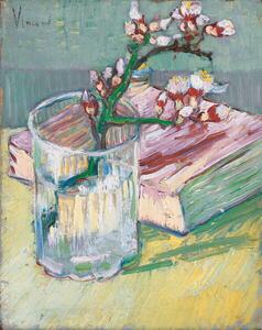 Riproduzione Flowering almond branch in a glass with a book 1888, Gogh, Vincent van
